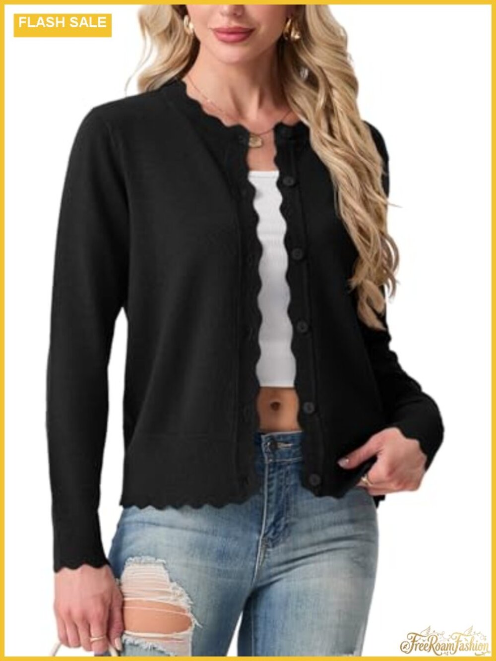 Knit Button-Up Cardigan Lightweight Long Sleeve Scalloped Scalloped Trim Sweater